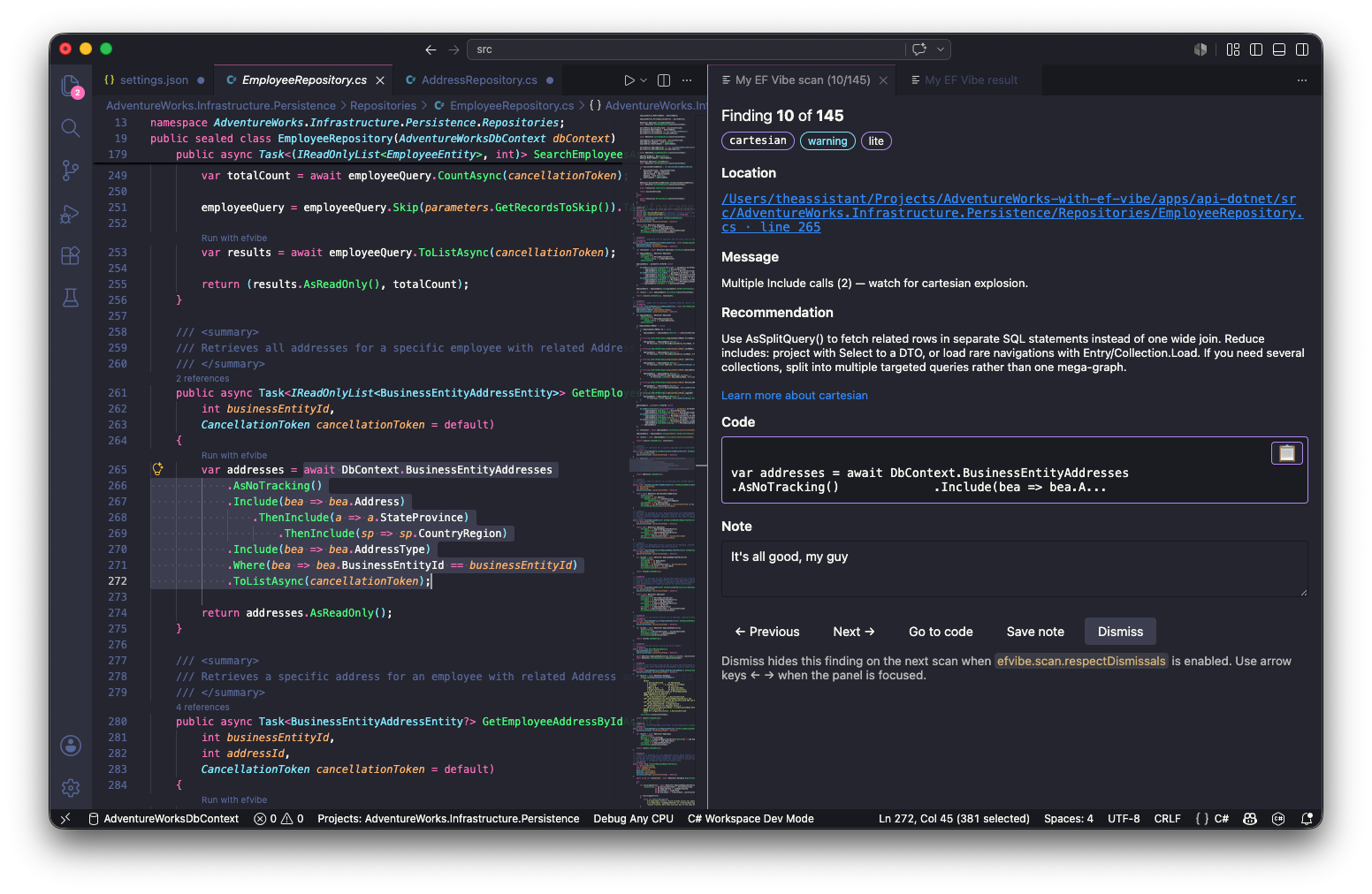 Scan Review — one finding per page with rule, message, code, translated SQL, and plan