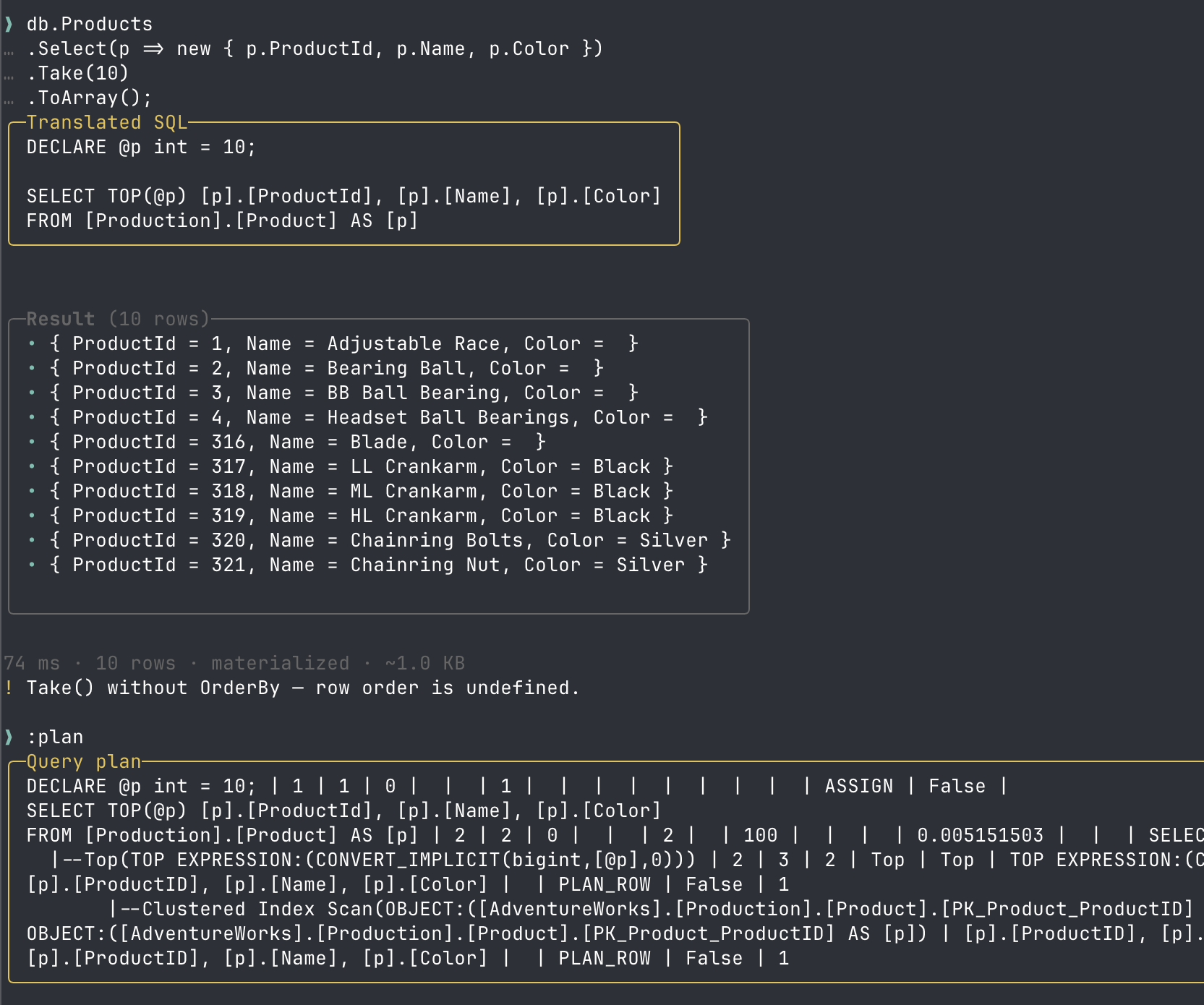 efvibe REPL showing LINQ query, translated SQL, results, and query plan