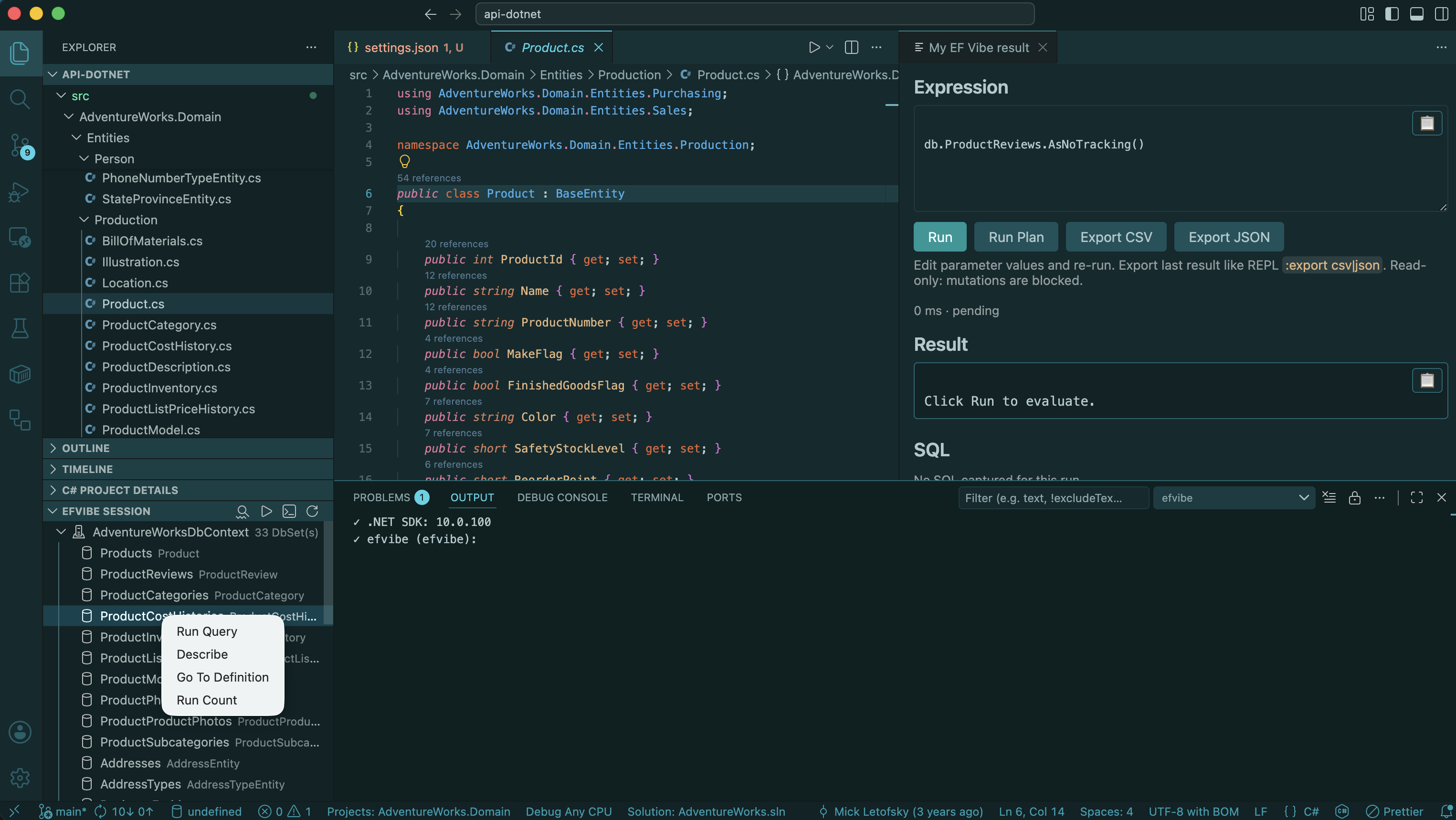 efvibe Session sidebar showing DbContext tree, toolbar, and scan folder