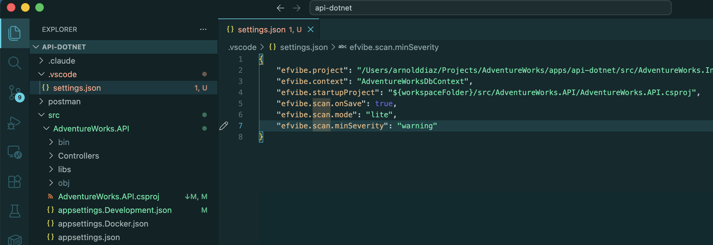 Explorer showing solution layout with Persistence and API projects visible